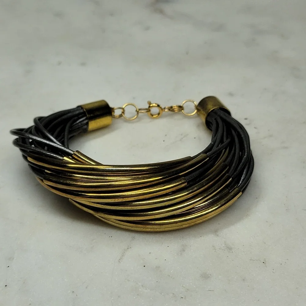 Vintage Multi Strand Leather Band Tube Bracelet Gold Copper Statement 80's
